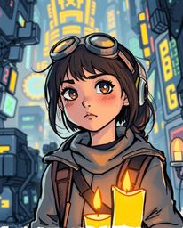 A captivating image of a determined young inventor girl in a futuristic city, rendered in a vibrant color sketchnote style. W