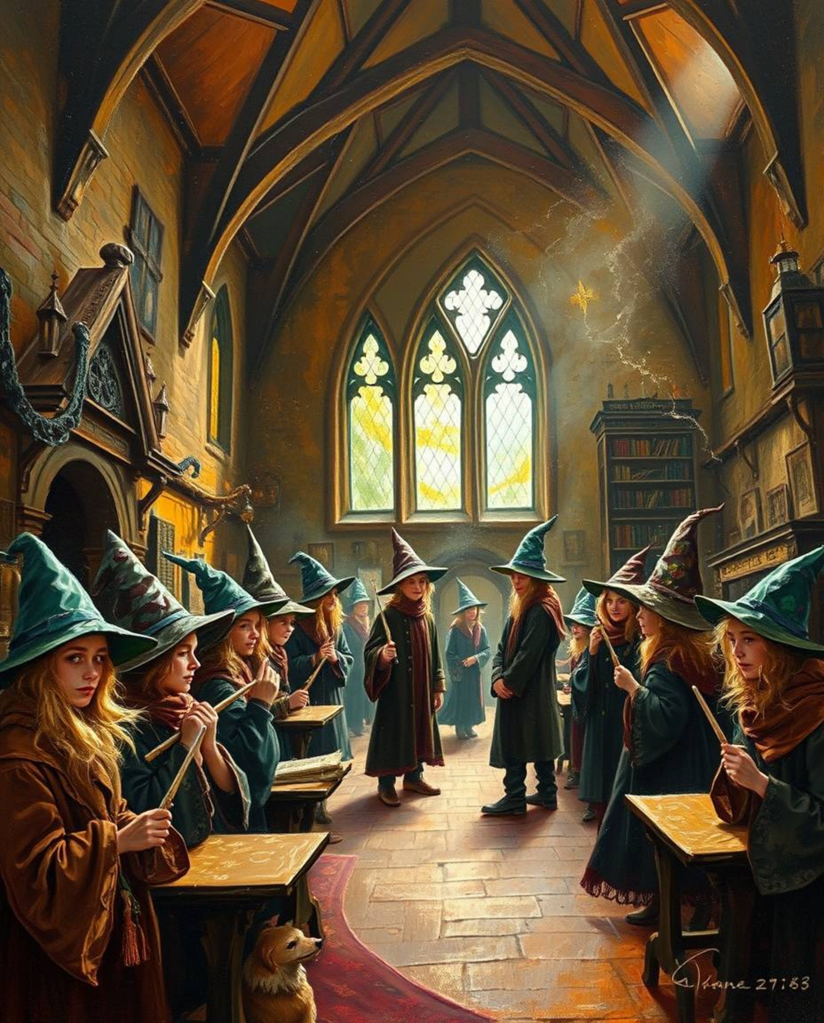 A captivating classic oil painting depicts a magical school brimming with young wizards.  Warm autumnal hues, rich textures, 