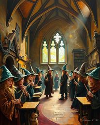 A captivating classic oil painting depicts a magical school brimming with young wizards.  Warm autumnal hues, rich textures, 