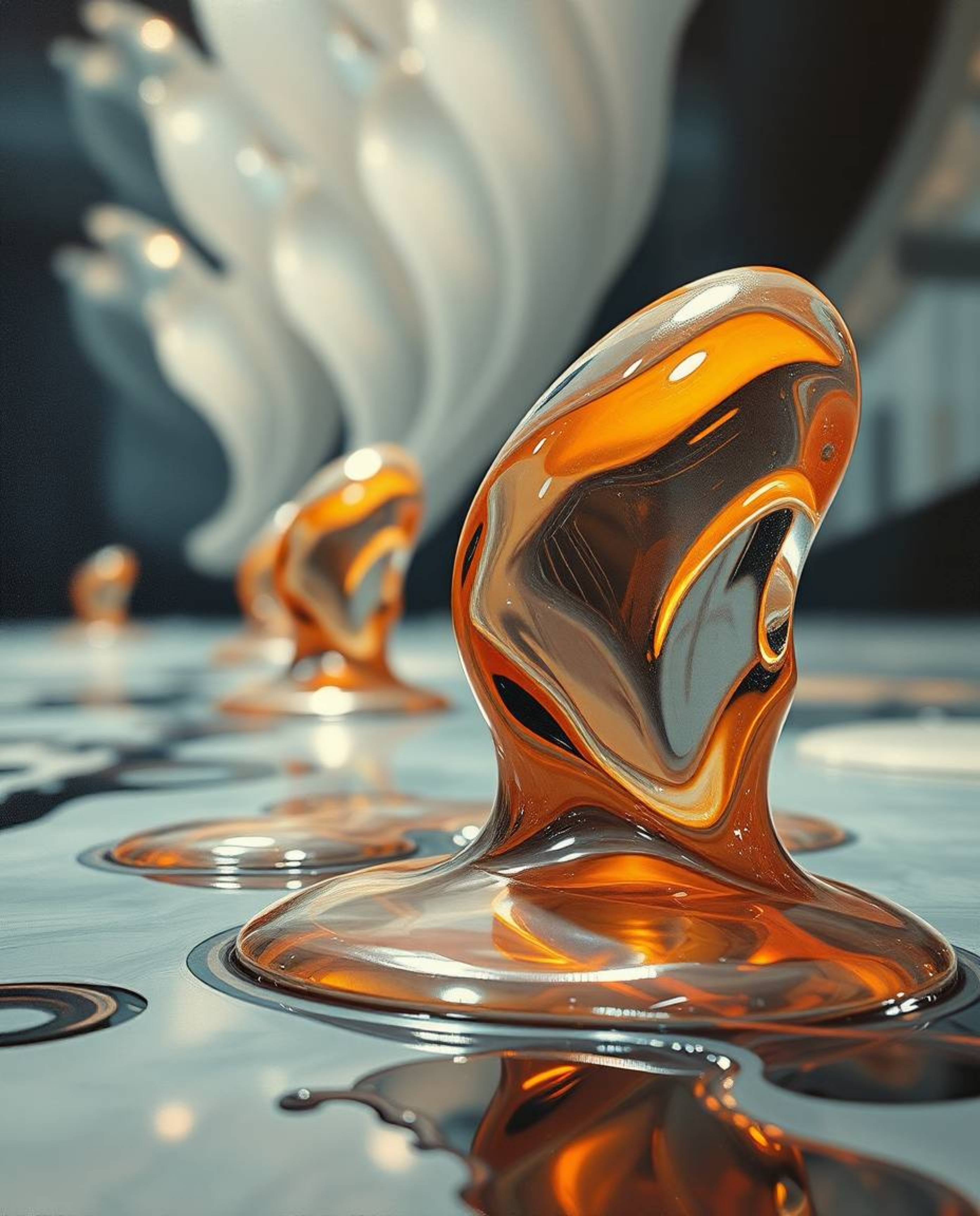 This classic oil painting presents a hyperrealistic sci-fi environment filled with surreal 3D fluid shapes resembling melted 