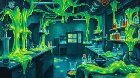 A captivating classic oil painting depicts a bioluminescent slime-covered science lab. Glowing greens and blues illuminate th