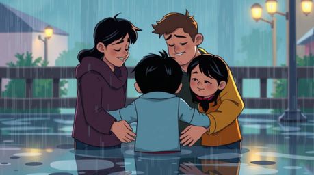 Experience a heartwarming family reunion depicted in a charming Pixar-style illustration set amidst a rainy atmosphere. The s