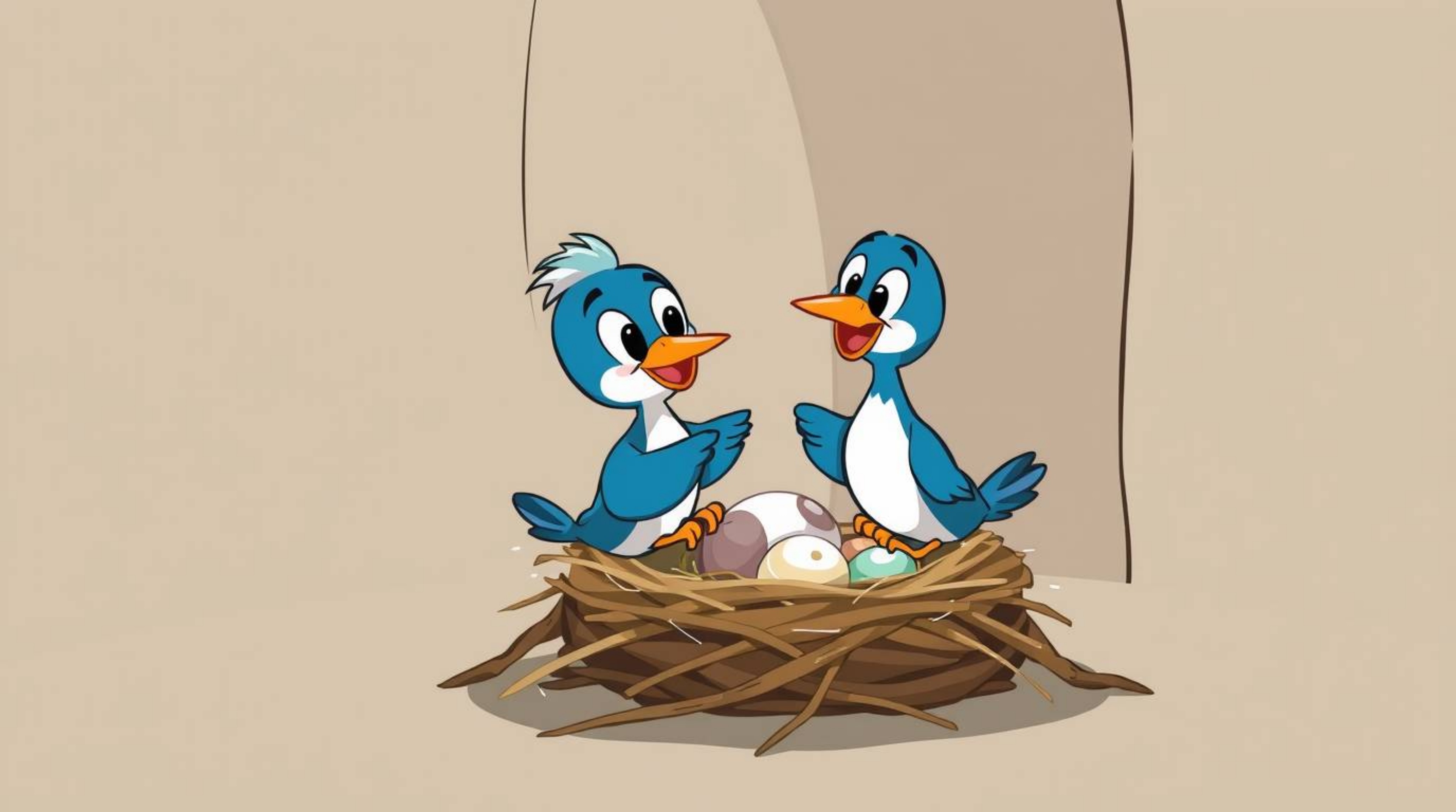 Watch two charming cartoon birds construct their nest in a captivating classic animation style. Experience the interplay of