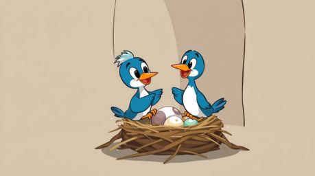 Watch two charming cartoon birds construct their nest in a captivating classic animation style. Experience the interplay of