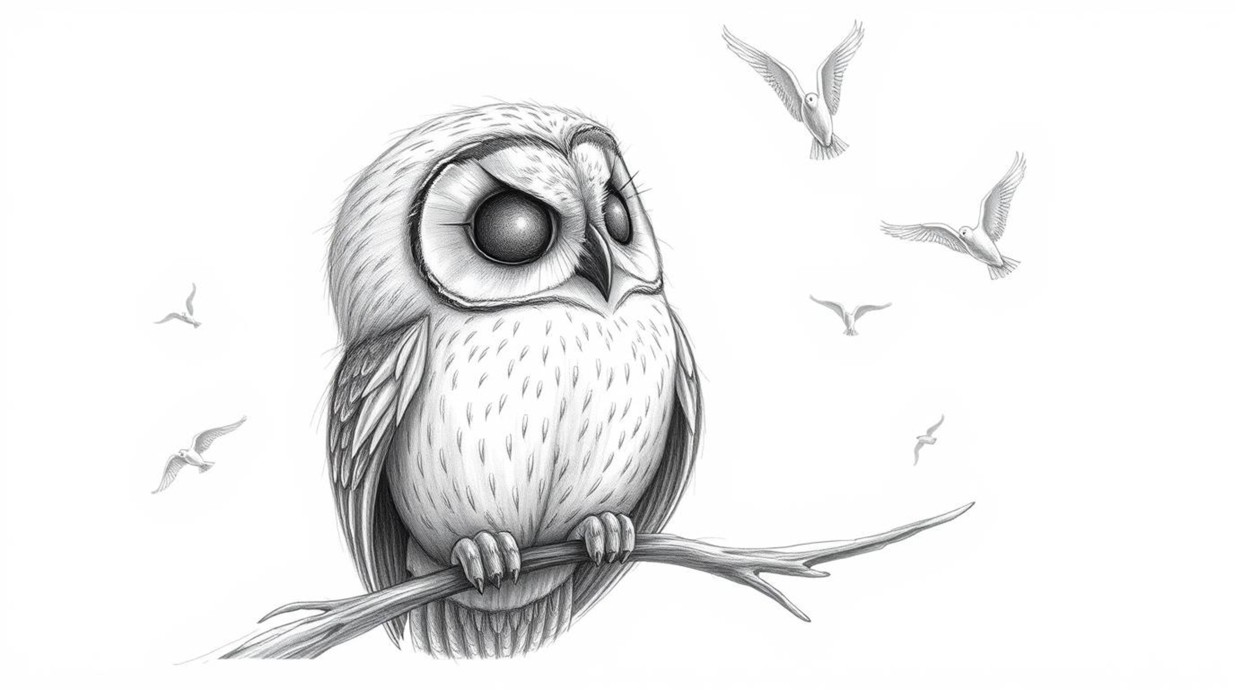 A hand-drawn, textured pencil sketch depicts a blind owl with visible wrinkles and feathers, imparting the skill of flight to