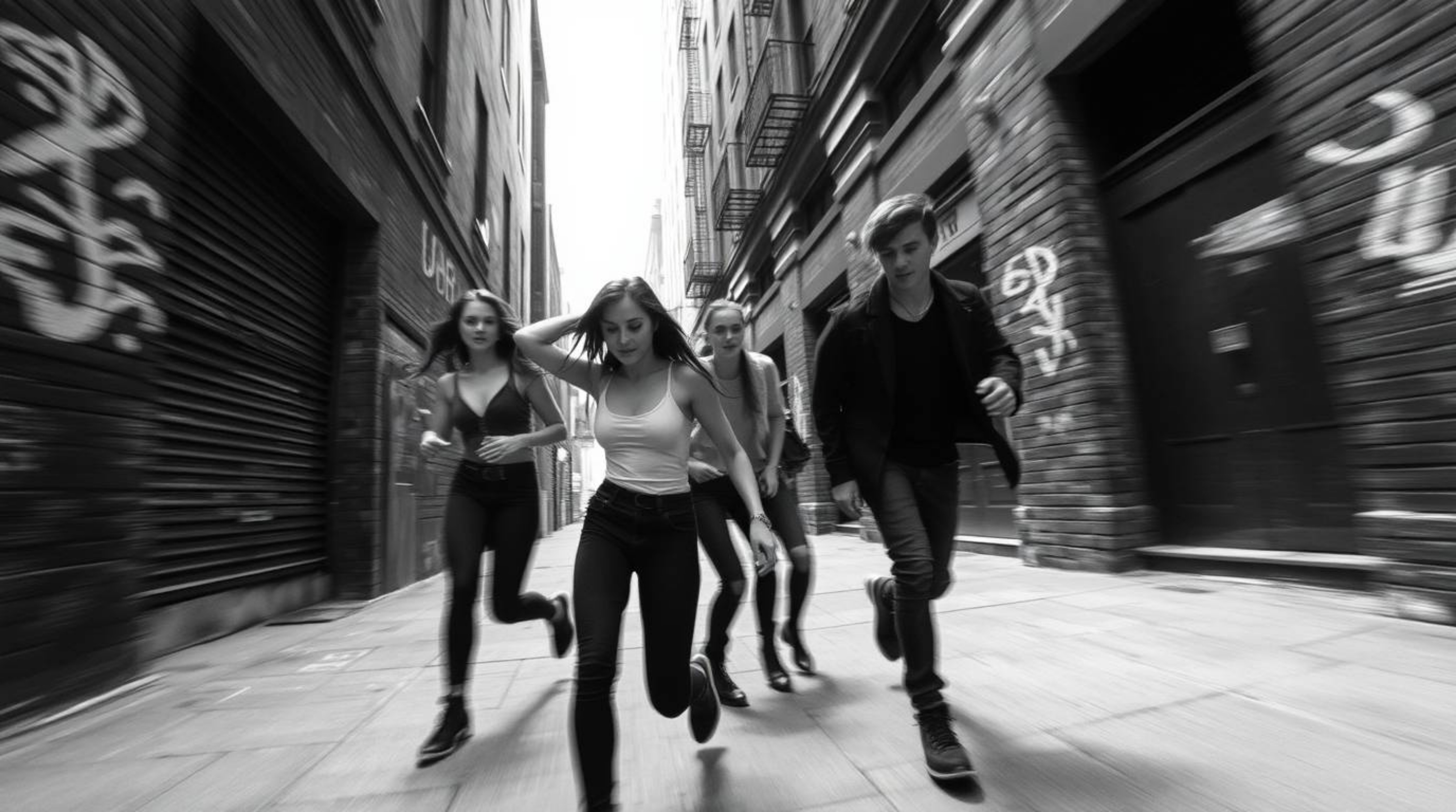 A timeless black and white photograph depicts rebellious teenagers in dynamic motion within a gritty city alley.  Blurred lin