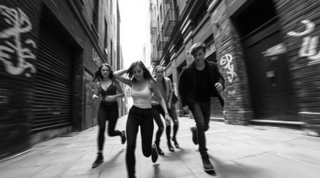 A timeless black and white photograph depicts rebellious teenagers in dynamic motion within a gritty city alley.  Blurred lin