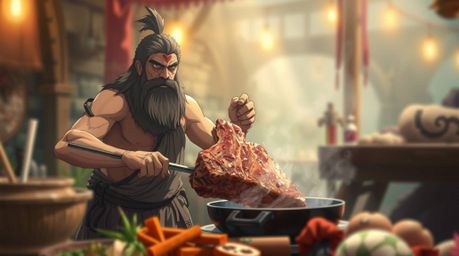 A striking isekai anime-style scene depicting a caveman expertly cooking mammoth meat, rendered with a beautifully blurred bo