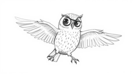 A charming hand-drawn pencil sketch in Pixar style depicts a blind owl with rough lines and textured strokes, showcasing its 