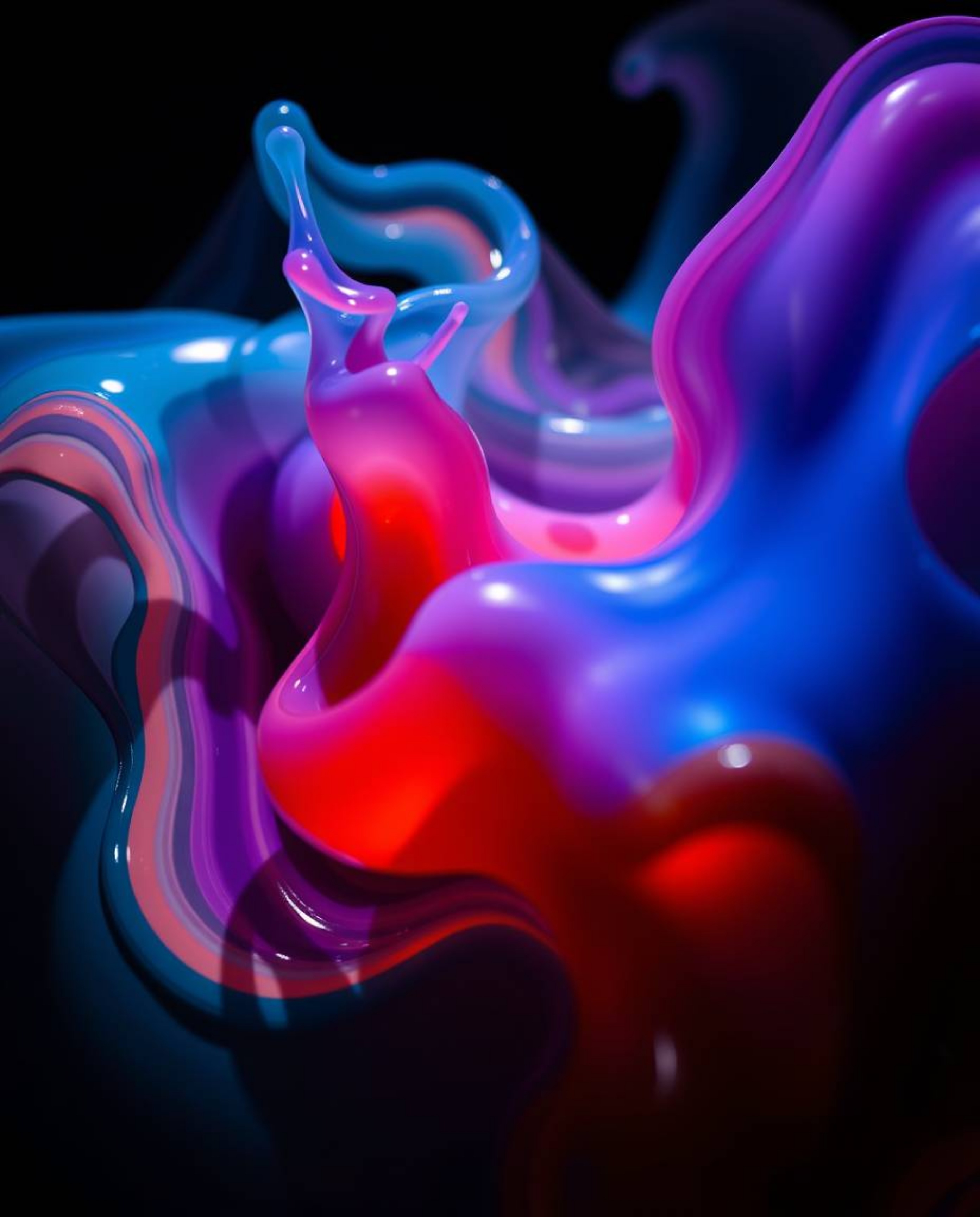 Explore a captivating digital macro photograph featuring vibrant 3D fluid shapes interplaying with precise geometric forms. T