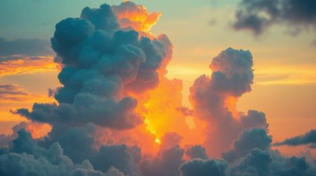 Discover dreamlike surreal imagery of adorable thunderstorm clouds illuminated by a vibrant sunset.  This captivating art fea