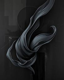 An intense jet black classic oil painting showcases graceful and elegant 3D fluid shapes seamlessly interacting with geometri