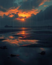 A digital painting captures a wet, rainy scene of a sunset sky mirrored in tidal pools on a beach. This artwork evokes an eer