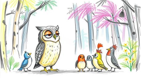 A charming hand-drawn sketch, reminiscent of Pixar animation, portrays a blind owl with delicate facial features guiding a di