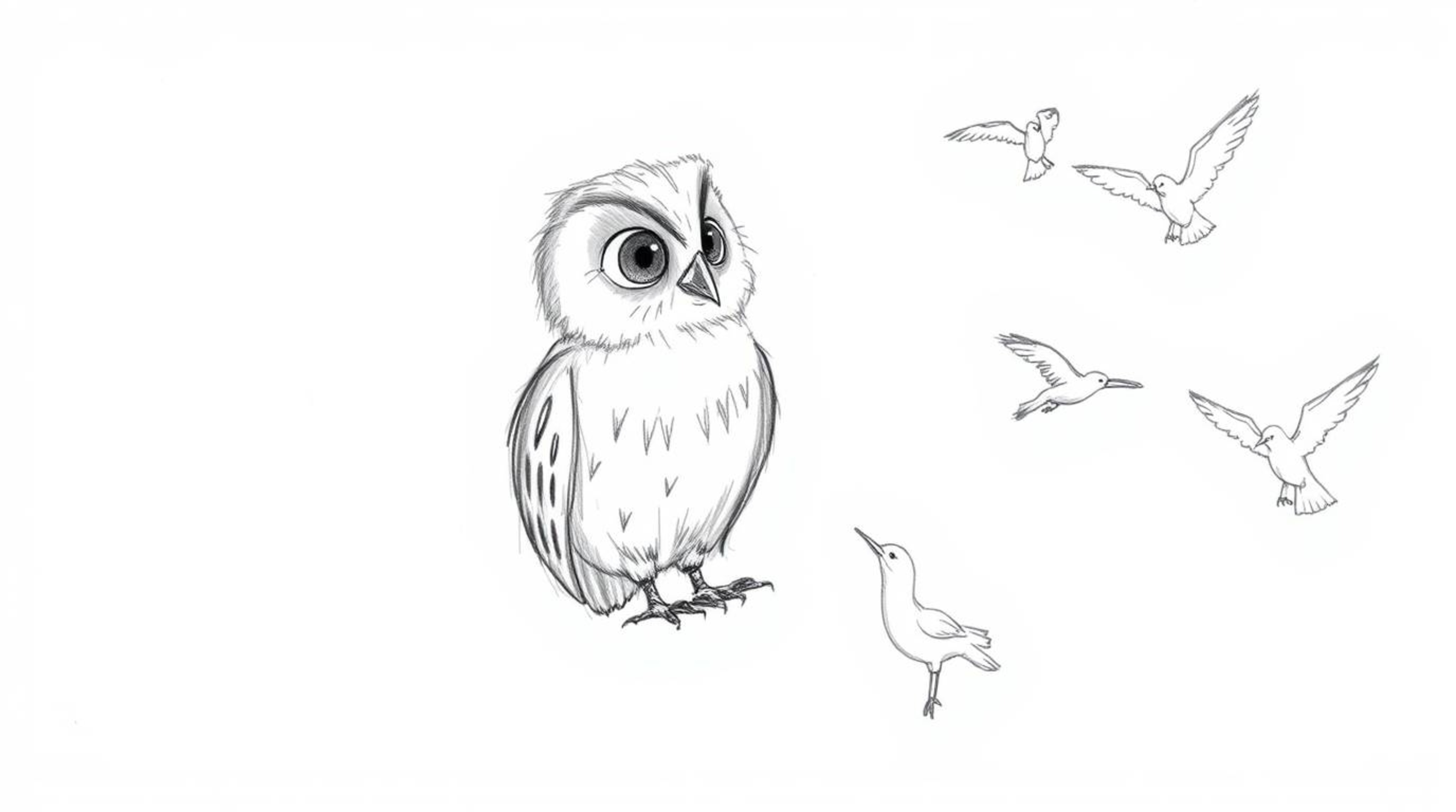 A heartwarming hand-drawn sketch in the style of Pixar depicts a blind owl with incredibly soft, feathery details, passionate