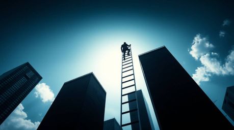 A dramatic, high-contrast image depicts the concept of success: a businessperson ascends a transparent ladder disappearing in