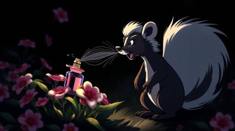 This dynamic image showcases a cartoon skunk playfully spraying perfume on flowers, rendered with contrasting chiaroscuro lig