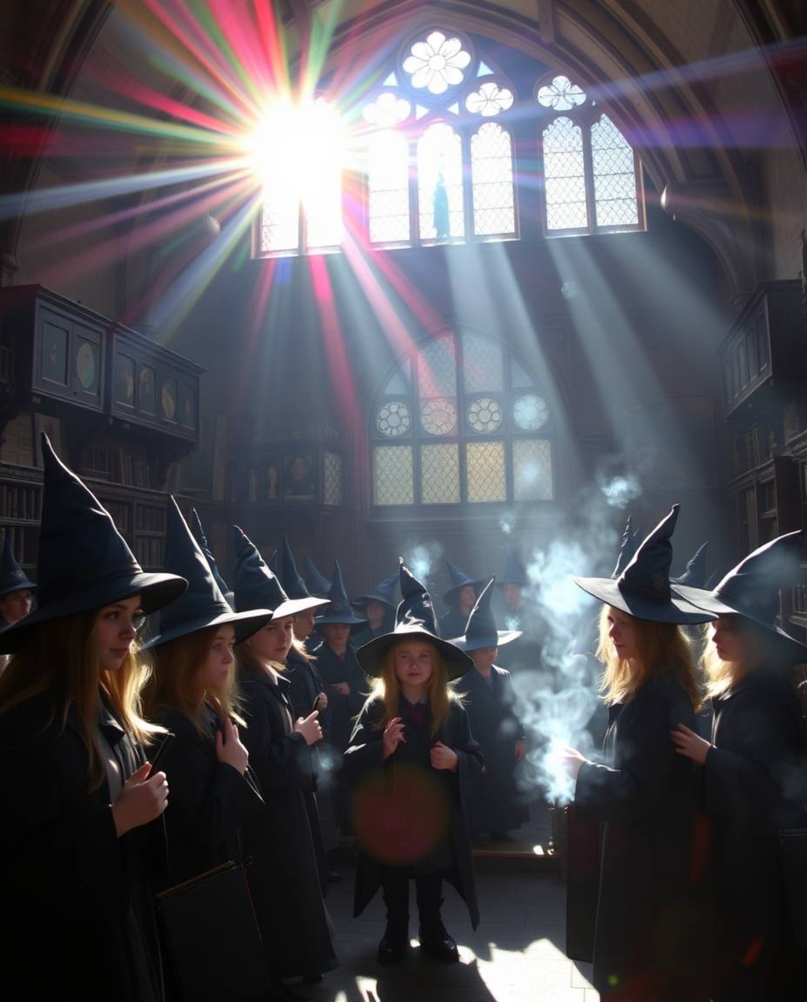 Immerse yourself in a magical school brimming with young wizards, bathed in vibrant streaks of light created by bright lens f