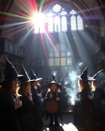 Immerse yourself in a magical school brimming with young wizards, bathed in vibrant streaks of light created by bright lens f