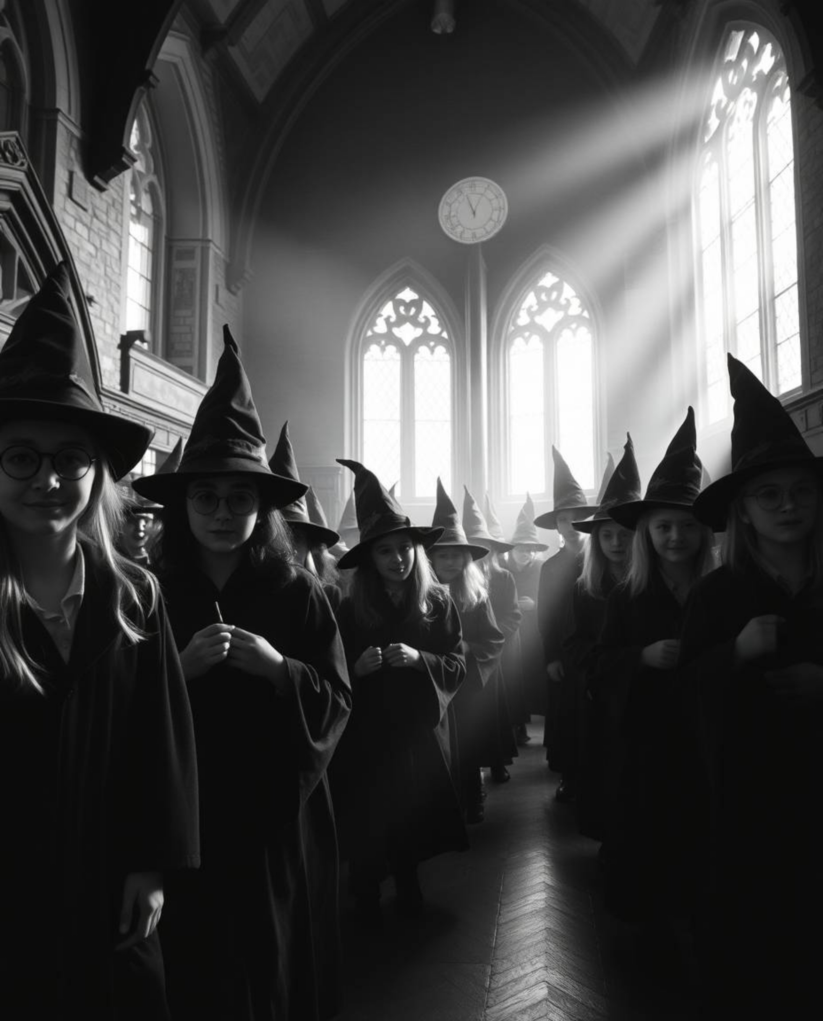 Explore a magical school brimming with young wizards, captured in stunning black and white photography. This collection prese
