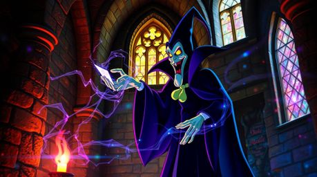 A classic Disney villain casting a spell within the aged walls of a castle is visualized through a captivating blend of iride