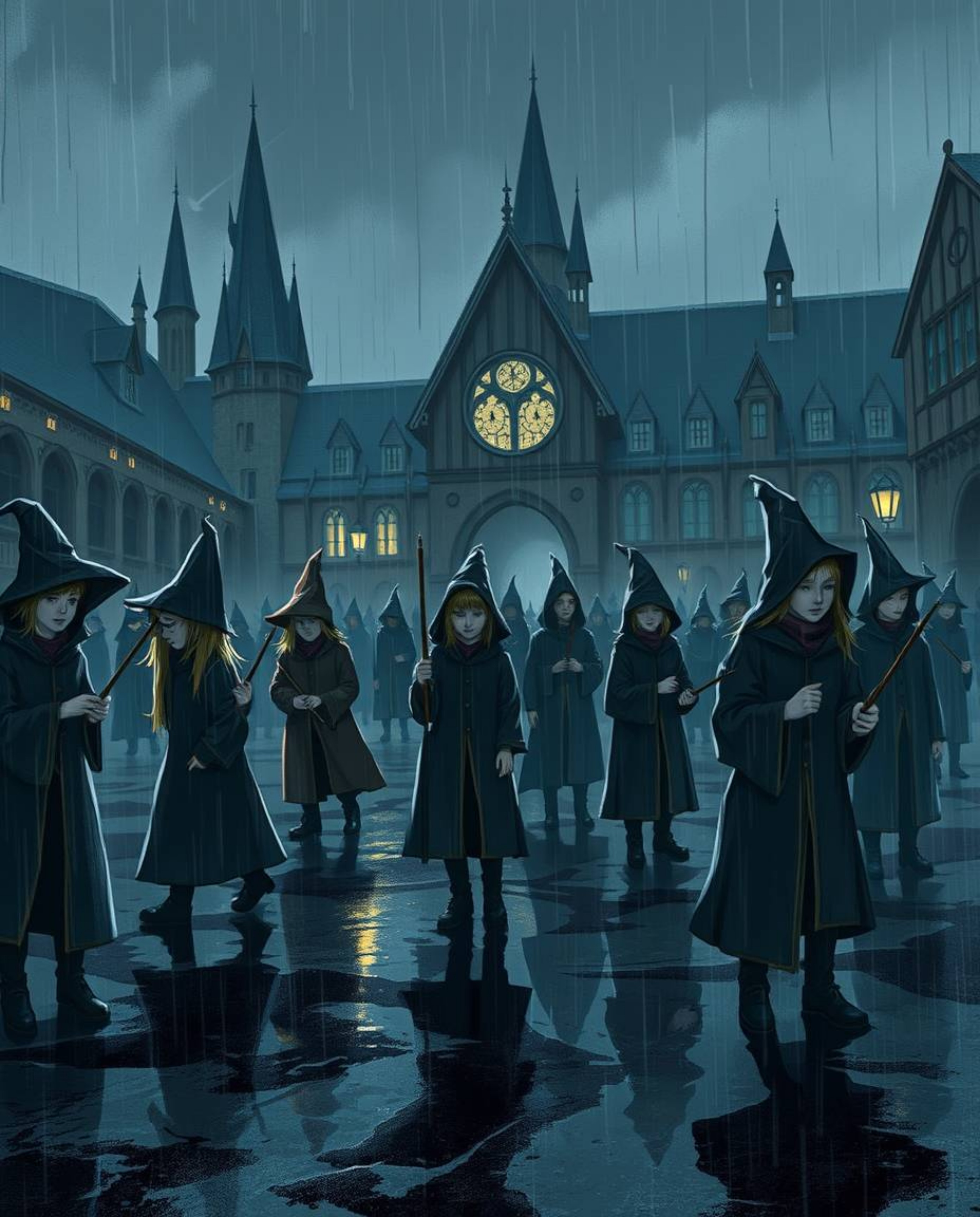A moody illustration depicts a magical school brimming with young wizards on a rainy day.  The artwork features low contrast,