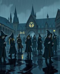 A moody illustration depicts a magical school brimming with young wizards on a rainy day.  The artwork features low contrast,