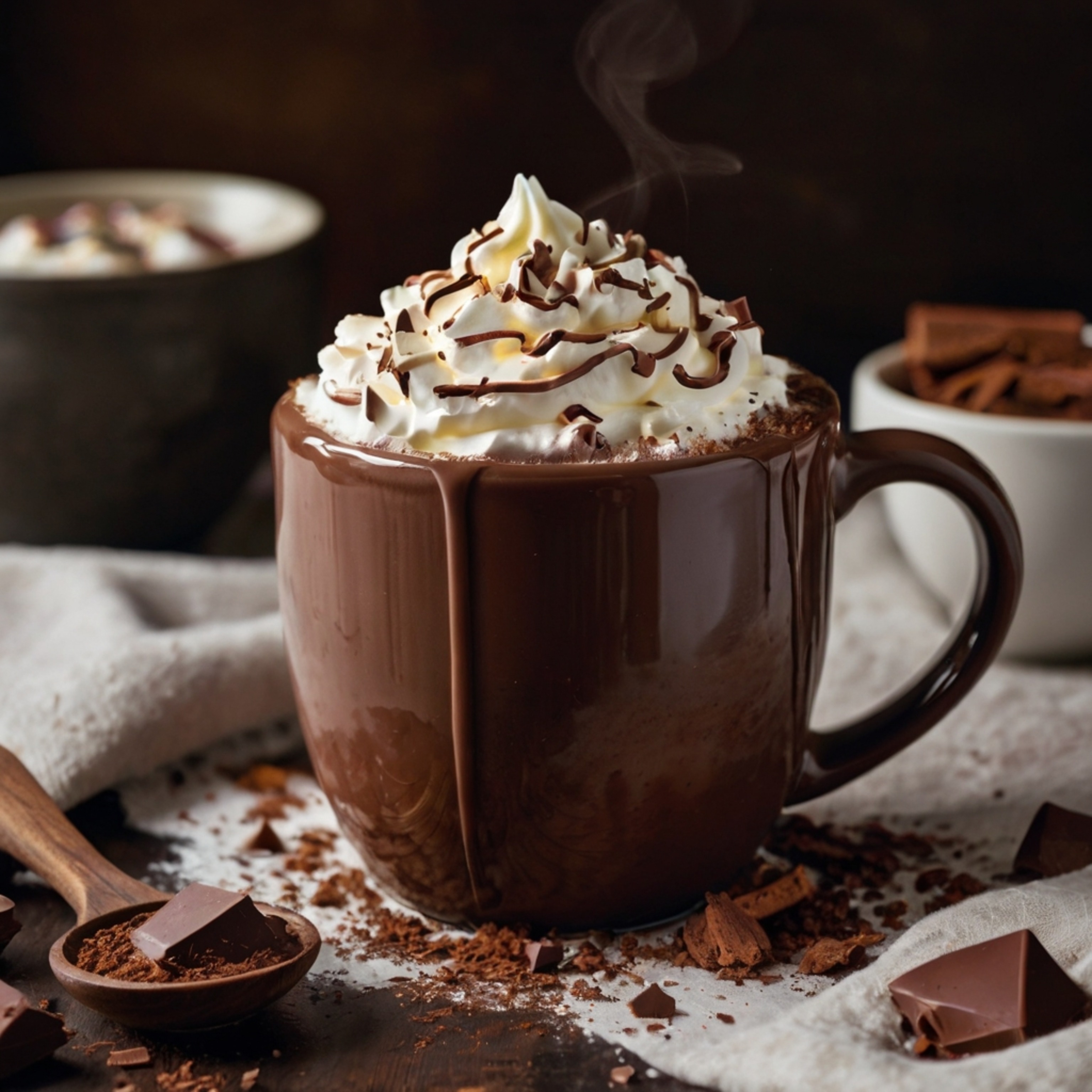 Indulge in the cozy comfort of a ceramic mug filled with steaming hot cocoa. This delightful treat is generously topped with 