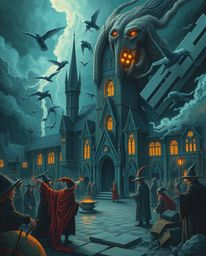 Discover a dreamlike, surreal illustration of a magical school brimming with young wizards.  Set against a backdrop of stormy