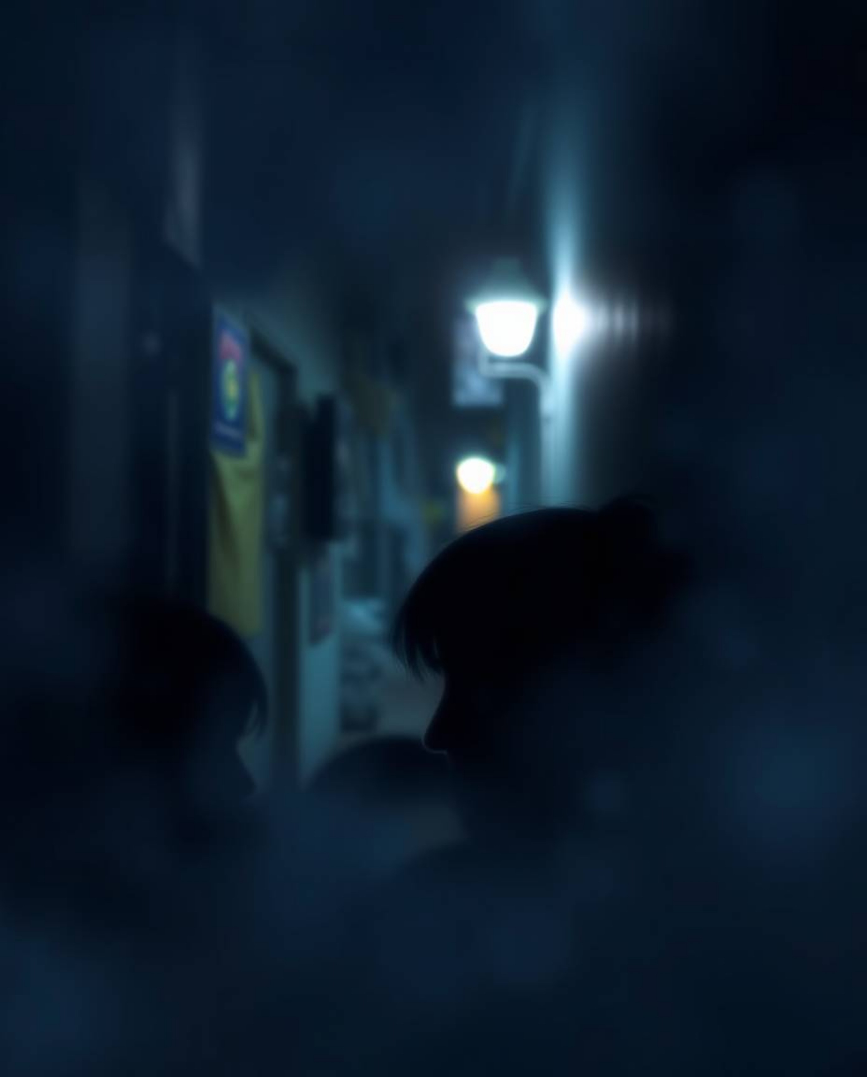 This high-resolution stock photo captures a soft, dreamy atmosphere in a night alley, where hazy, soft light delicately illum