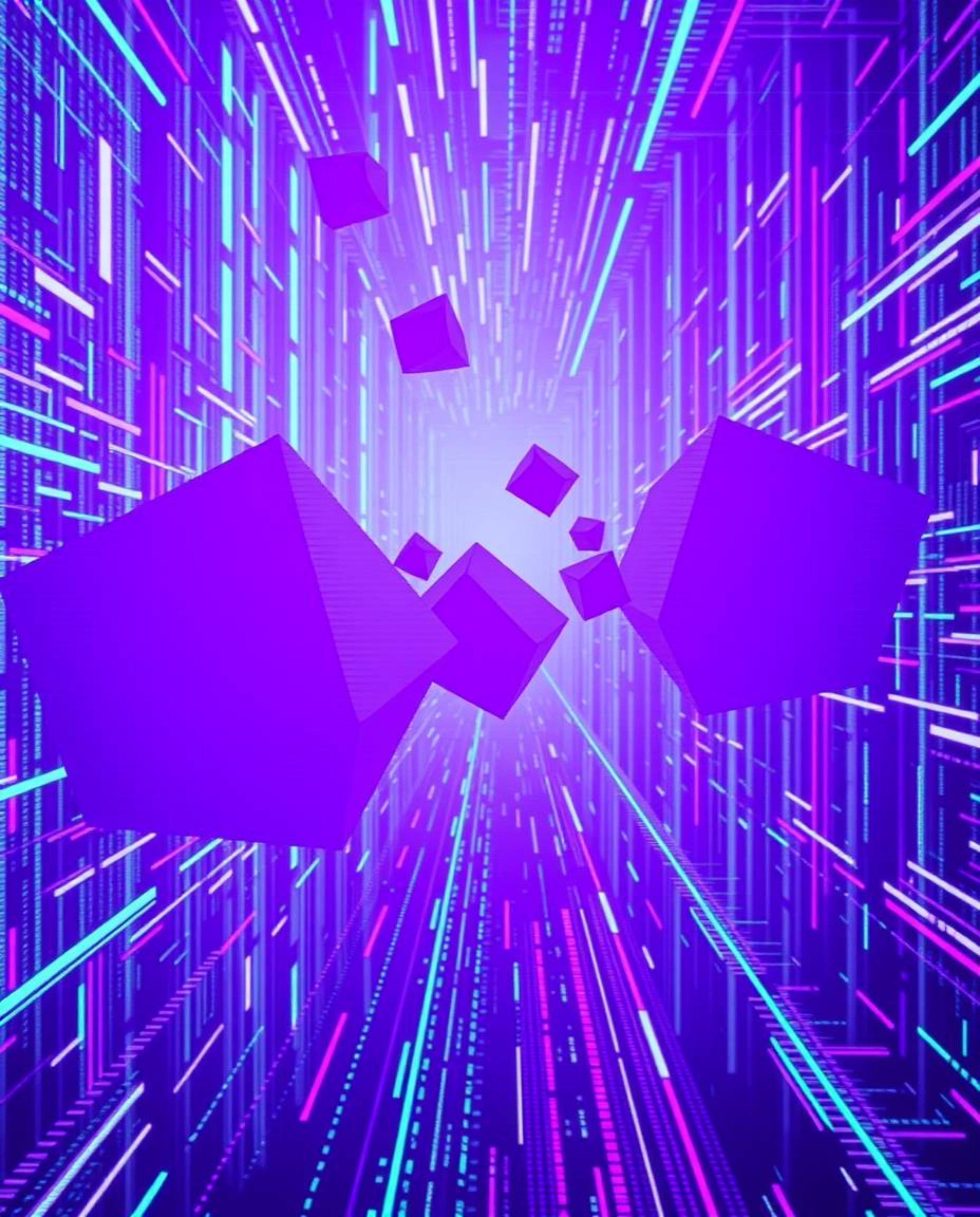Dive into a mesmerizing world of deep ultraviolet hues and glitched geometric shapes floating within a vibrant cyberspace mat