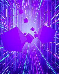 Dive into a mesmerizing world of deep ultraviolet hues and glitched geometric shapes floating within a vibrant cyberspace mat