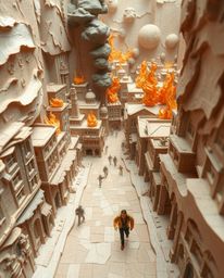 A layered papier-mâché artwork depicting a city in flames with people running, viewed from a high angle perspective. This scu