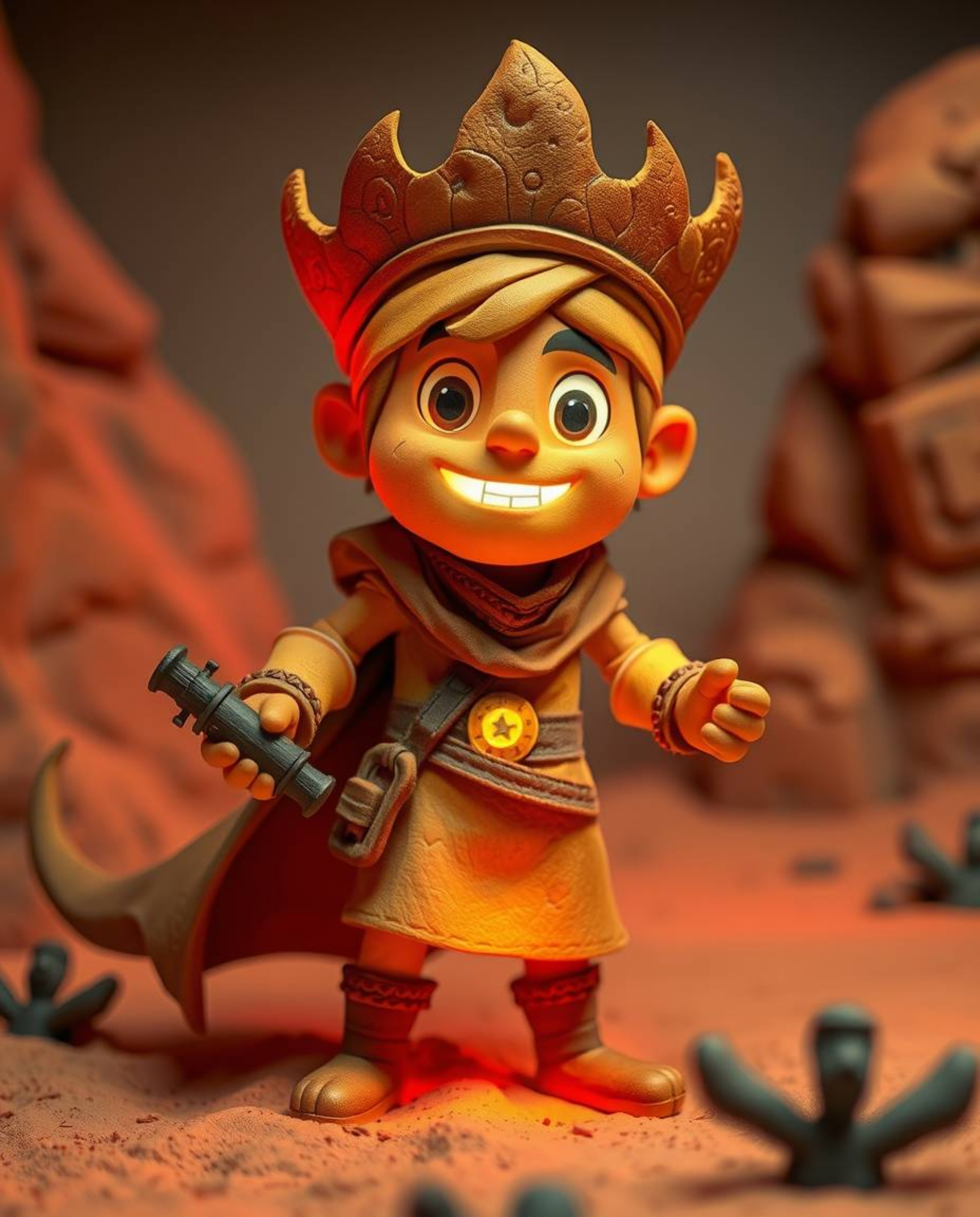 A brave hero embarks on a vibrant desert adventure, sculpted in layered papier-mâché with a Disney-esque flair. Bioluminesce