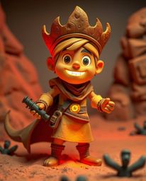 A brave hero embarks on a vibrant desert adventure, sculpted in layered papier-mâché with a Disney-esque flair.  Bioluminesce