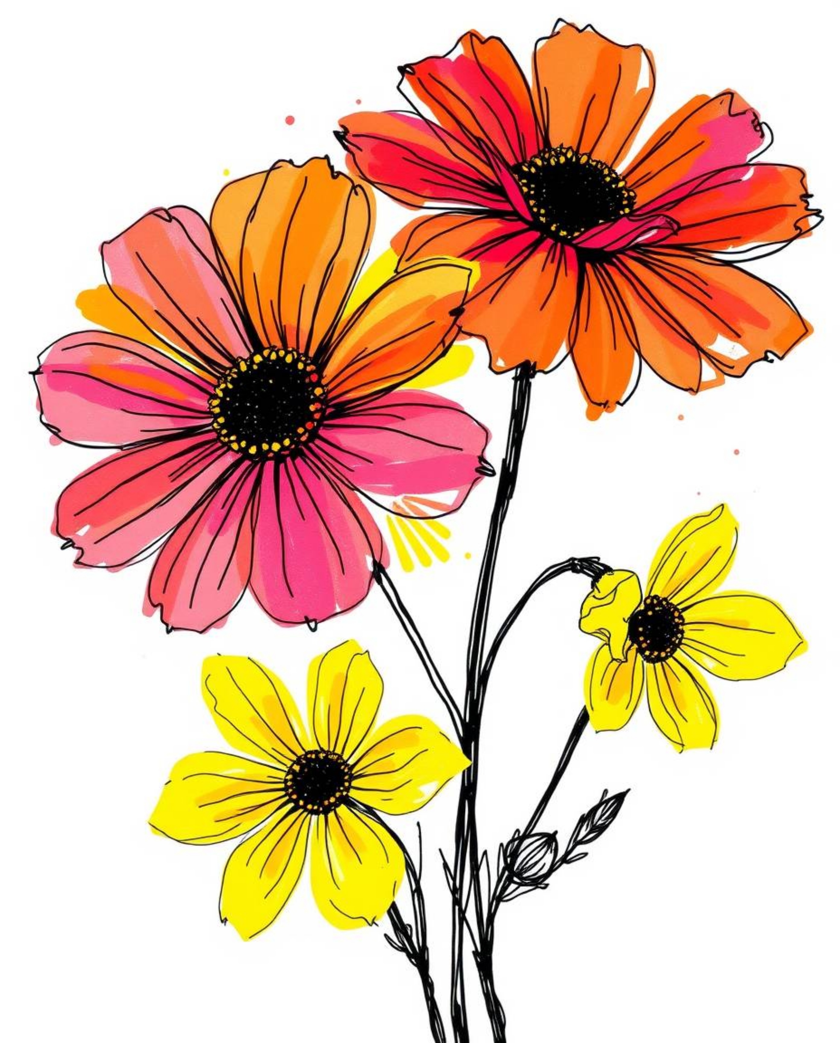 A captivating hand-drawn sketch depicting bright, vibrant flowers blooming amidst a post-apocalyptic city.  The artwork featu