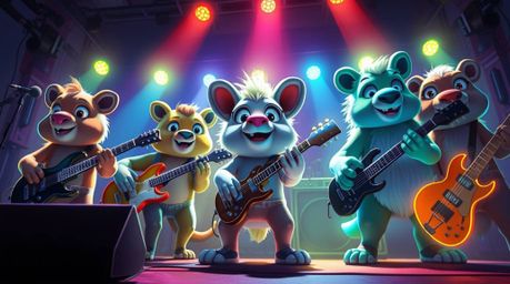 Experience the electrifying energy of a cartoon animal rock band!  This visually stunning video features vibrant, glowing bio