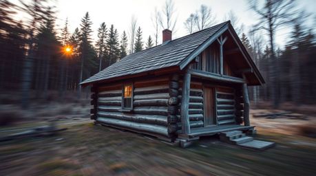Capturing the essence of an old wooden cabin nestled in the woods during a vibrant sunset, this precise architectural color p
