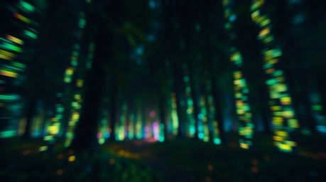 Immerse yourself in a captivating digital painting depicting a chase through a looping forest background. Glowing bioluminesc