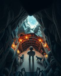 Experience the wonder of discovering a hidden underground library captured from a high-angle perspective.  Immerse yourself i