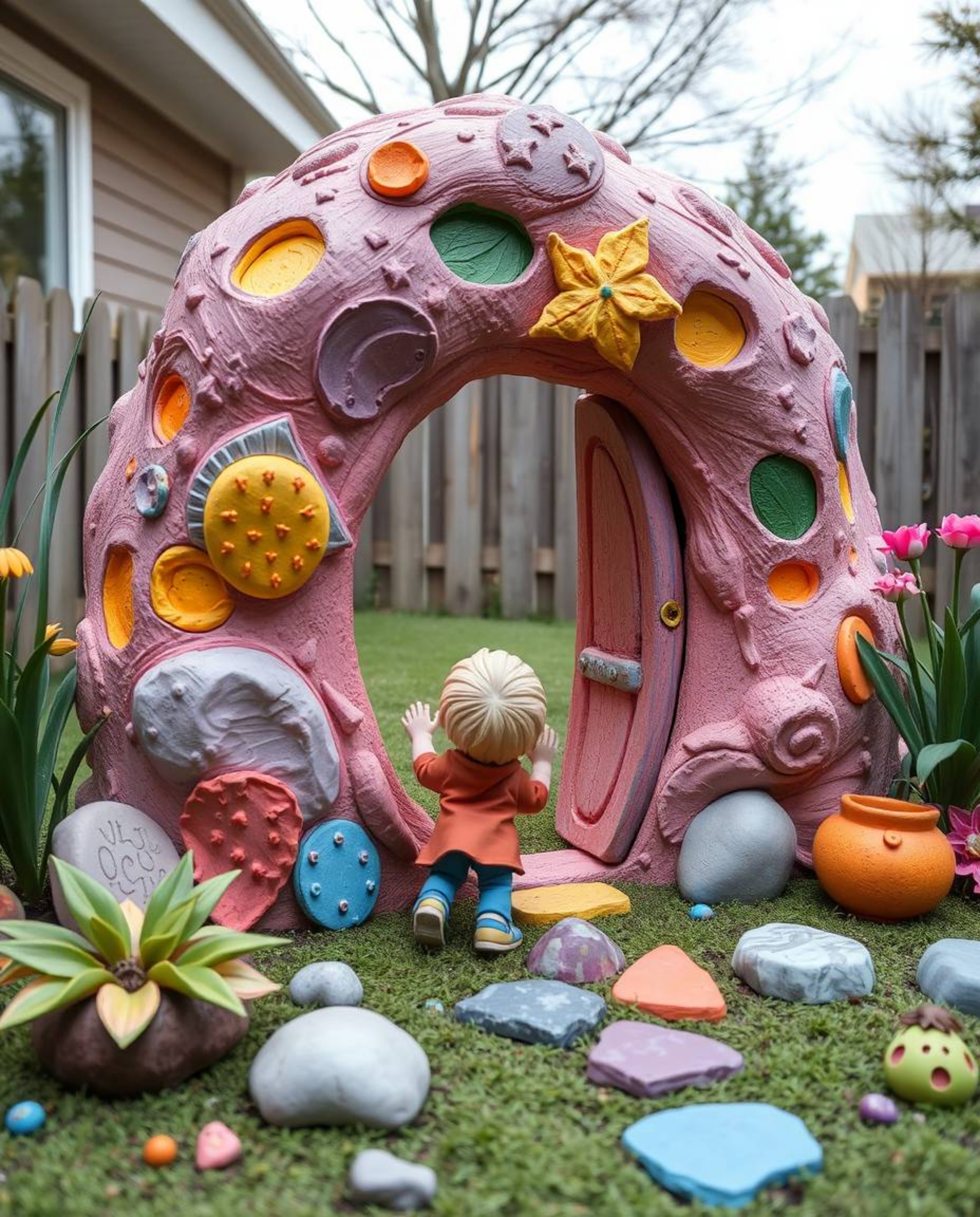 A captivating sculptural clay artwork depicts a child's wondrous discovery of a vibrant, magical portal in their backyard. T