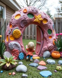 A captivating sculptural clay artwork depicts a child's wondrous discovery of a vibrant, magical portal in their backyard. T