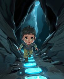 A dynamic and futuristic sci-fi illustration depicting a child with short hair, olive skin, and bright eyes venturing into a 