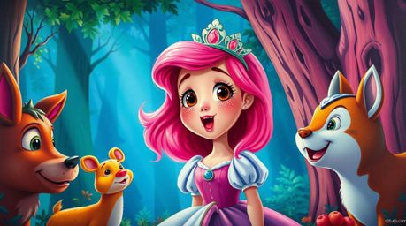 This vibrant and captivating acrylic painting features a princess with bright pink hair and freckles singing joyfully to a gr