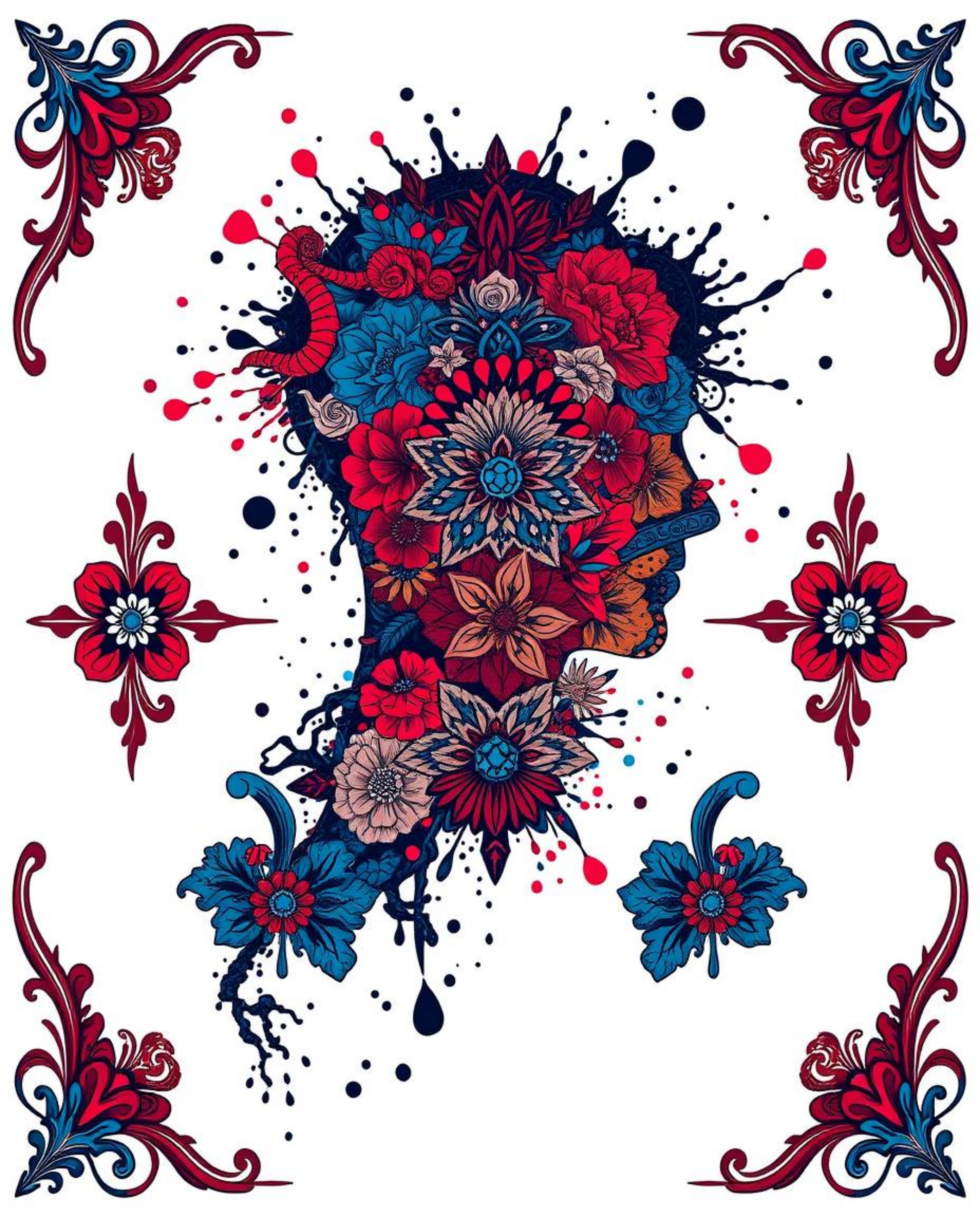 This artwork features a striking human silhouette crafted from vibrant, colorful splash patterns in rich burgundy and deep bl