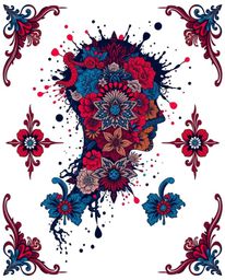 This artwork features a striking human silhouette crafted from vibrant, colorful splash patterns in rich burgundy and deep bl