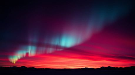 A breathtaking 16:9 image showcasing the majestic Northern Lights beginning to appear over a vibrant sunset sky.  The scene i