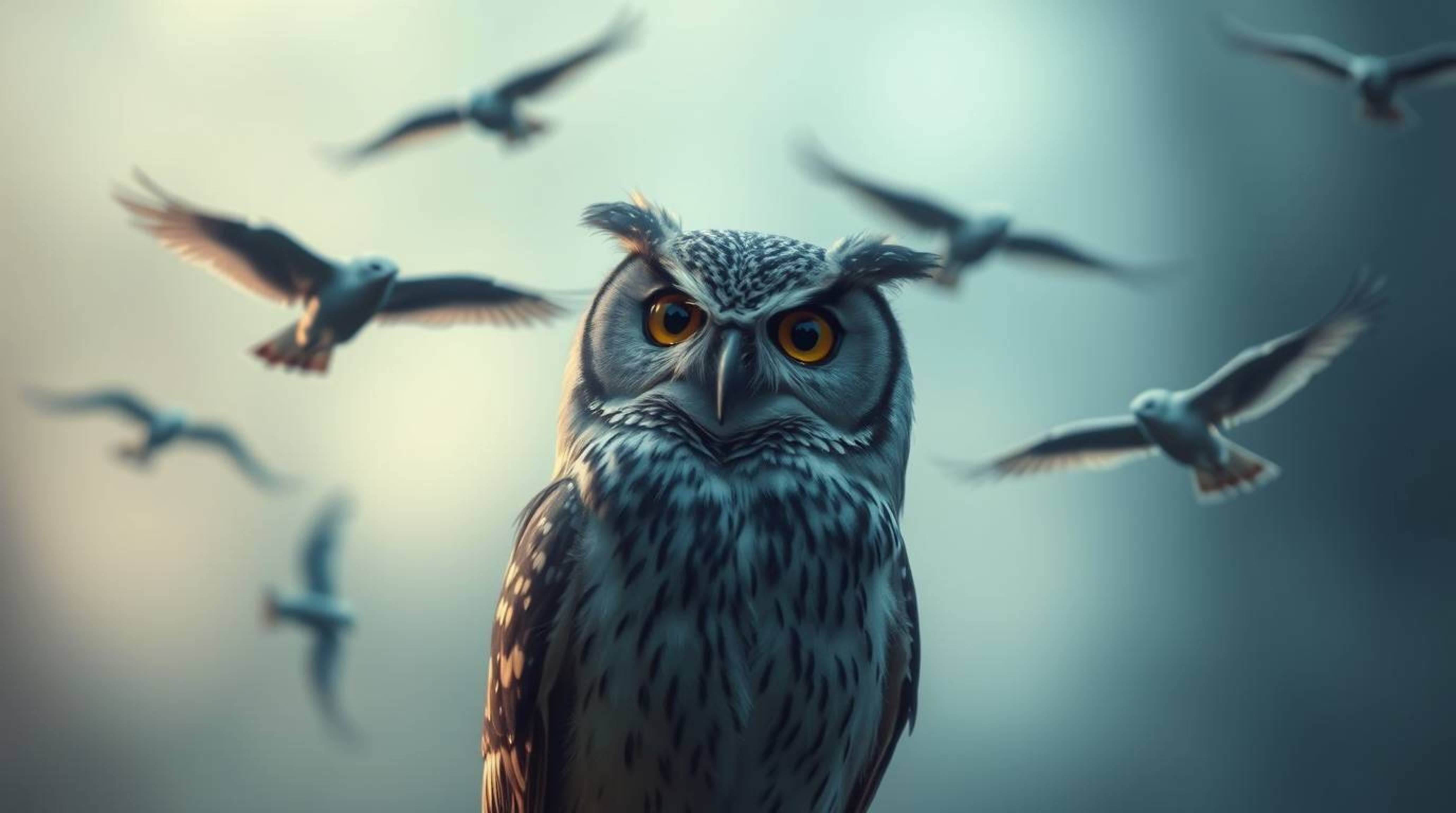 An ethereal and spiritual photograph, captured with a long exposure, features a Pixar-style blind owl with a wise expression 