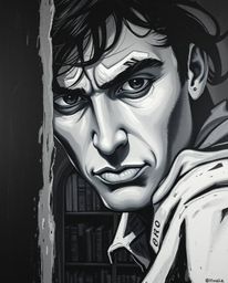 A bold acrylic painting in classic black and white presents a tight close-up of a person with a determined expression and neu