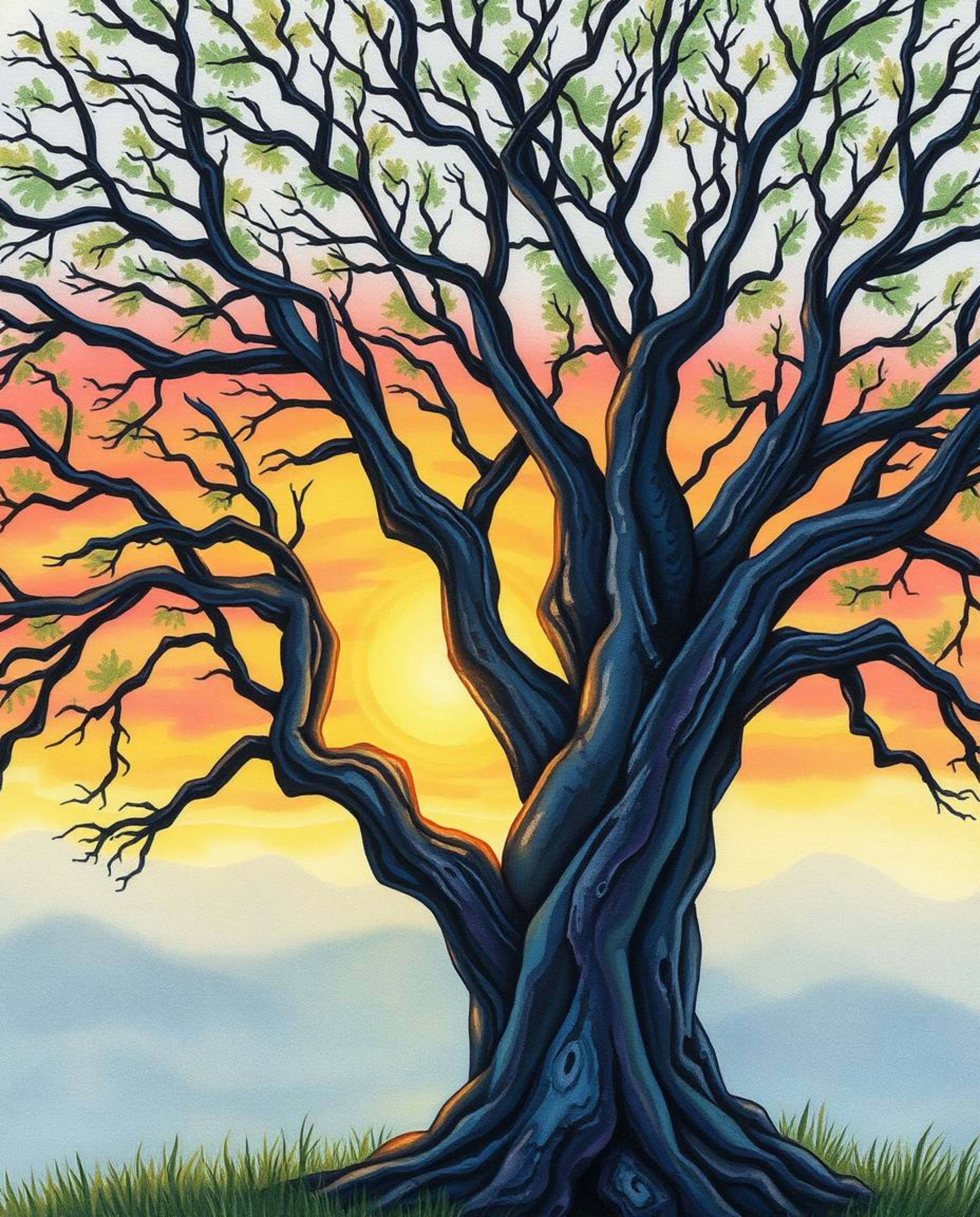 A watercolor painting captures a sunset behind an old oak tree with twisted branches in stunning iridescent colors. The style